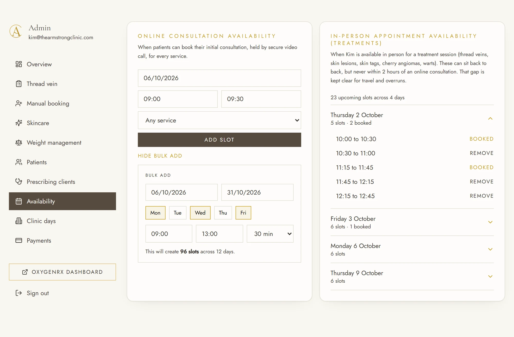 Admin availability: separate online and in-person calendars, with bulk add