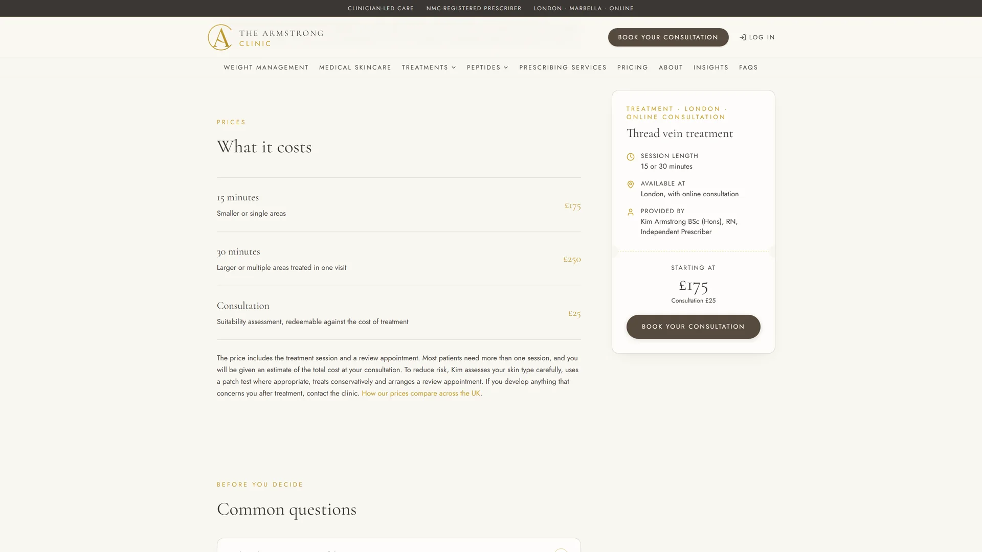 Published thread vein pricing, with the consultation fee redeemable against treatment