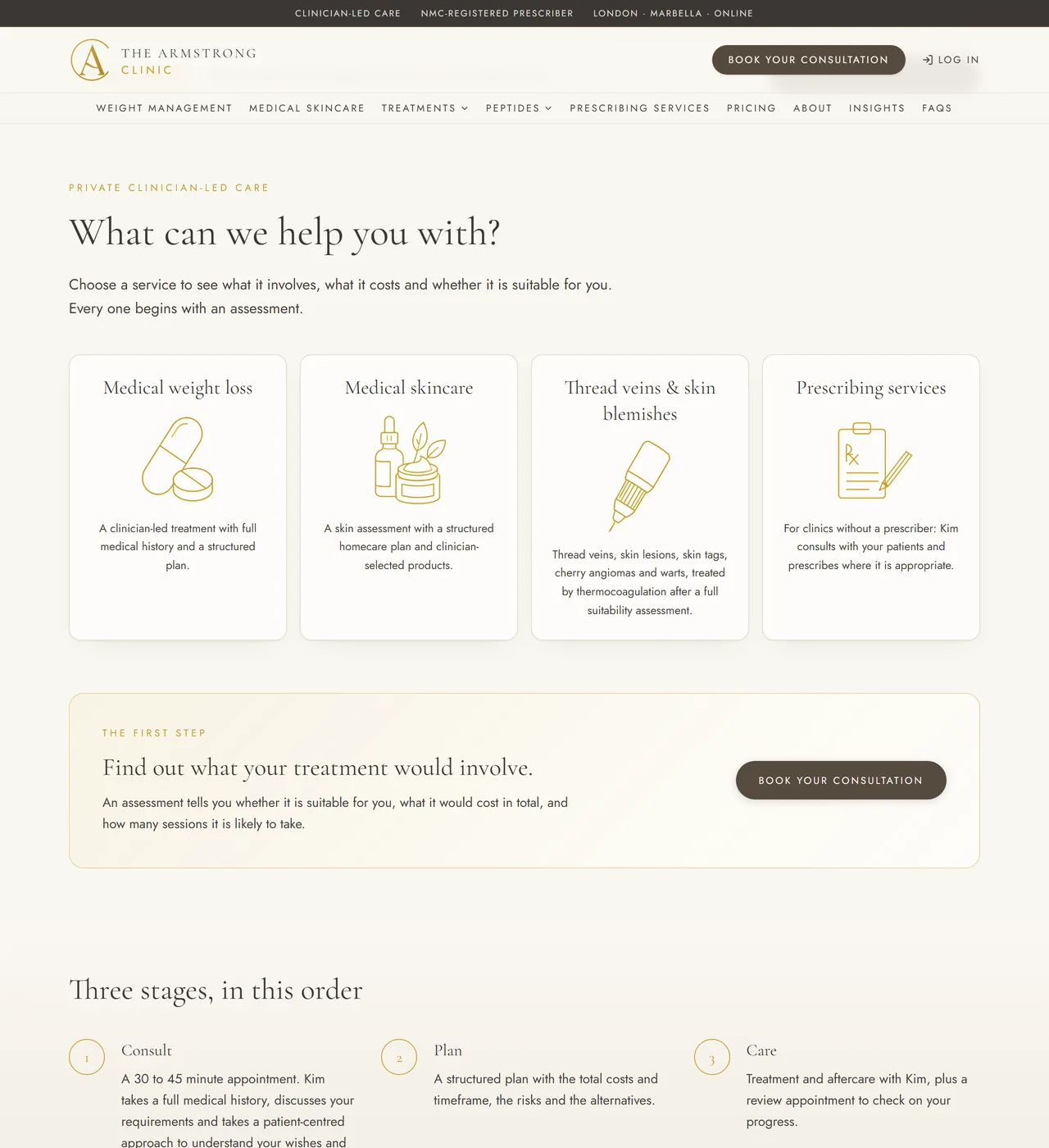 The Armstrong Clinic homepage: the four services, each starting with an assessment