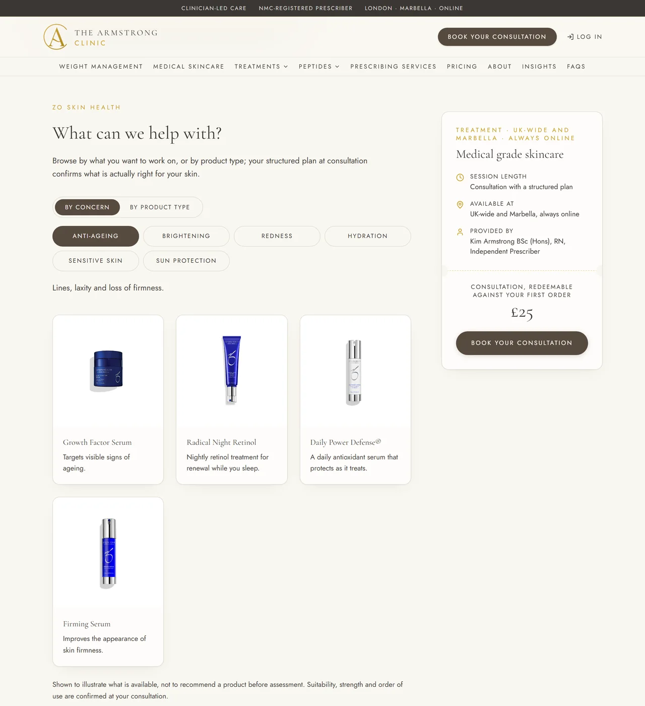Medical skincare: ZO Skin Health products browsable by concern or product type