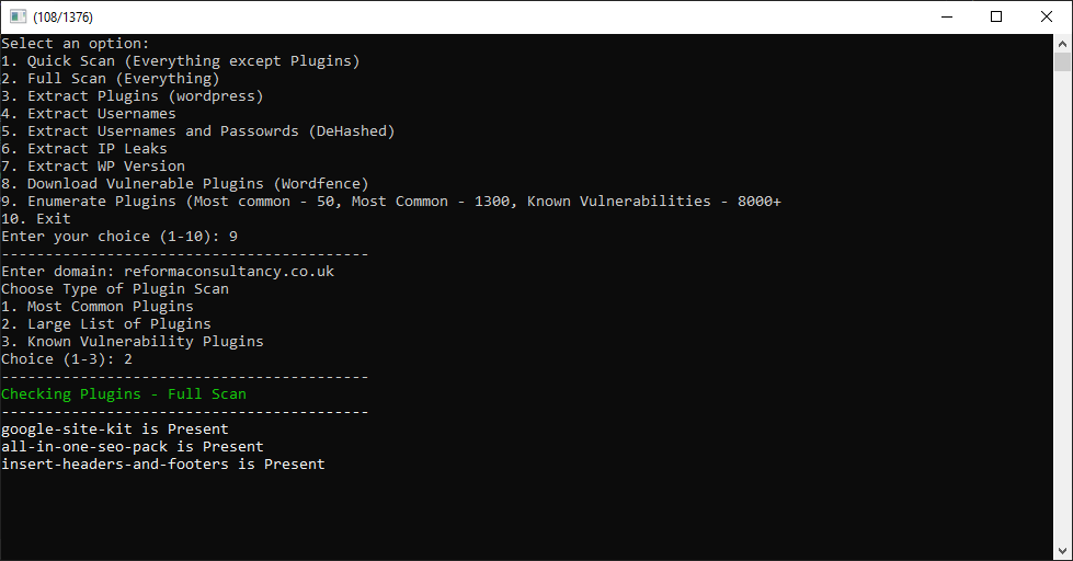 Screenshot from a program i wrote to test wordpress security